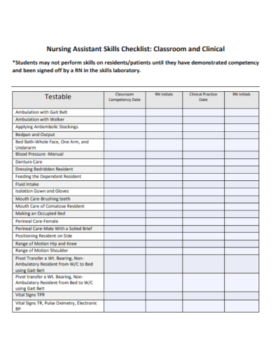 nursing assistant skills checklist
