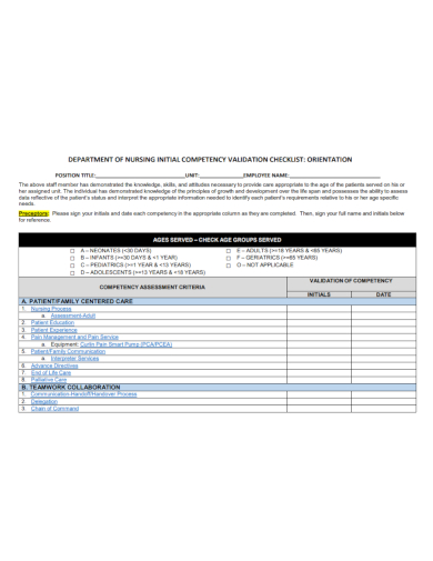 nursing competency orientation checklist