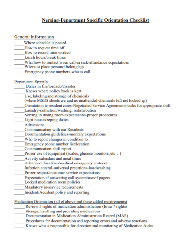 nursing department orientation checklist