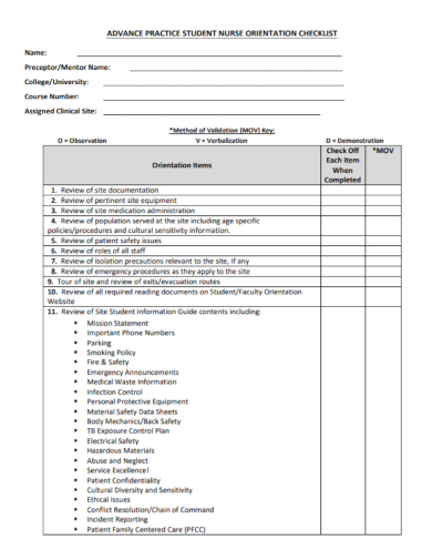 nursing practice orientation checklist