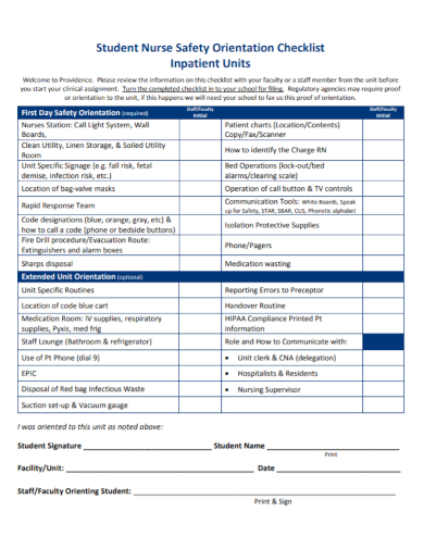 nursing safety orientation checklist