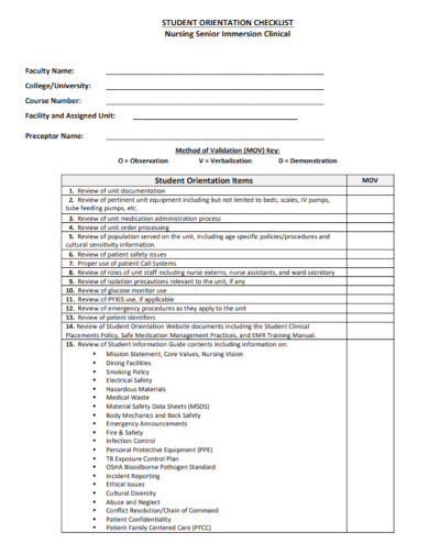 nursing student orientation checklist