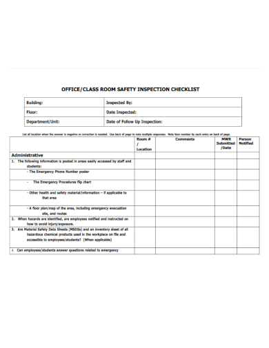 office class room safety inspection checklist