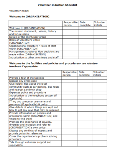 organization volunteer induction checklist