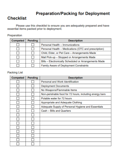 preparation packing deployment checklist