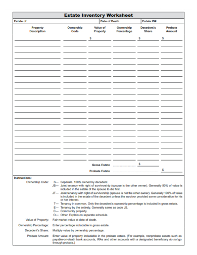 printable estate inventory worksheet