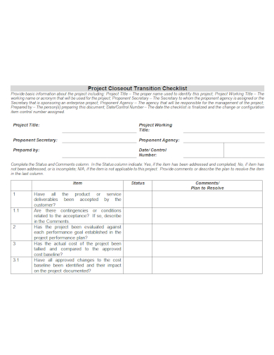project closeout transition checklist