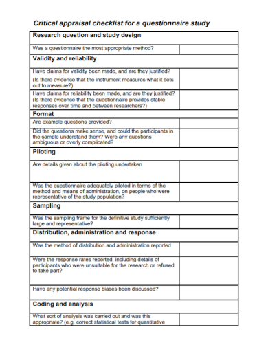questionnaire appraisal checklist