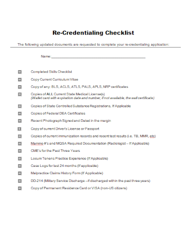 re credentialing checklist