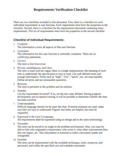 requirement verification checklist