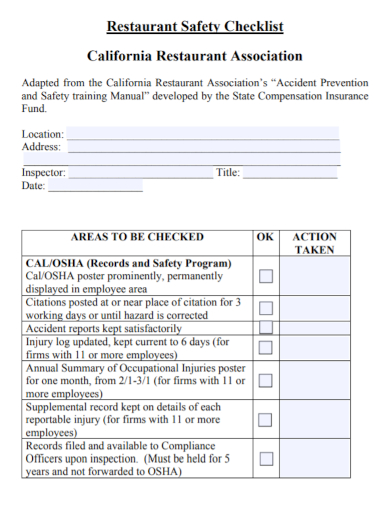restaurant association safety checklist