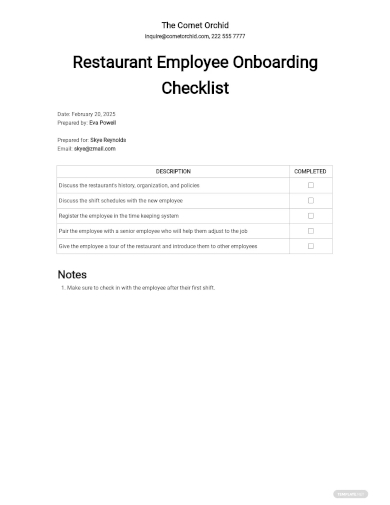 restaurant employee onboarding checklist template
