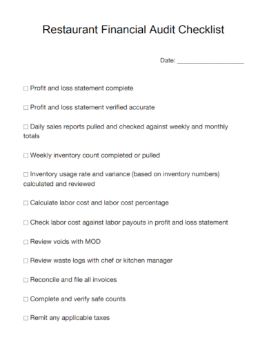 restaurant financial audit checklist