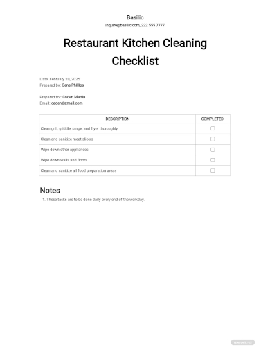 restaurant kitchen cleaning checklist template