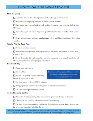 road test passing skills checklist