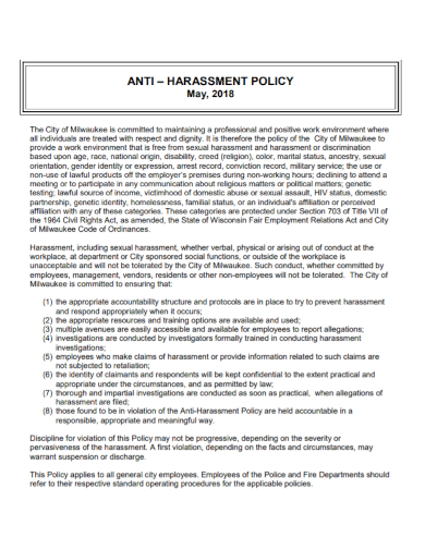 sample anti harassment policy
