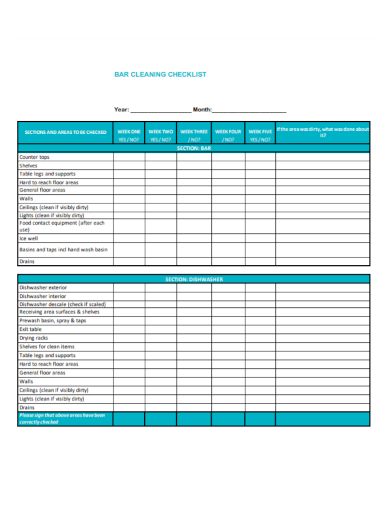 FREE 4 Bar Cleaning Checklist Samples Staff Restaurant Opening 