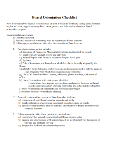 sample board orientation checklist