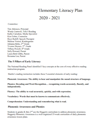 sample elementary literacy plan