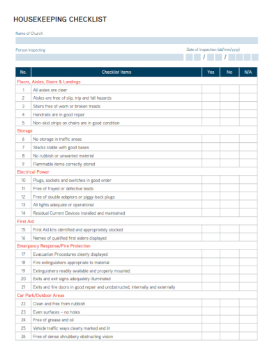 sample housekeeping checklist