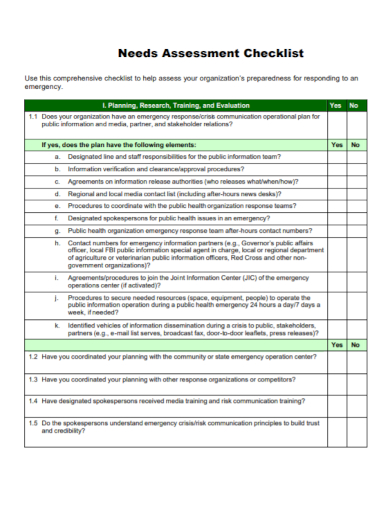 sample needs assessment checklist