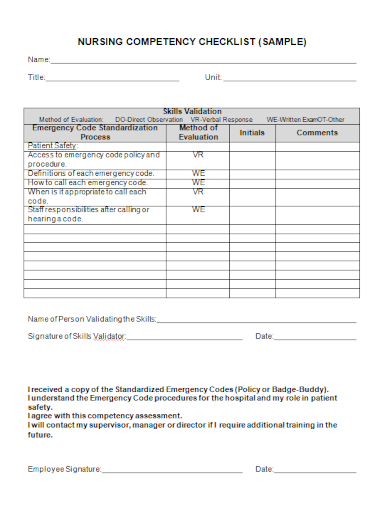 sample nursing competency checklist