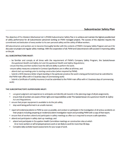 sample subcontractor safety plan