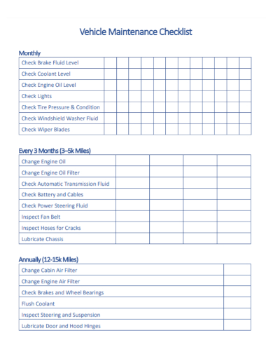 sample vehicle maintenance checklist