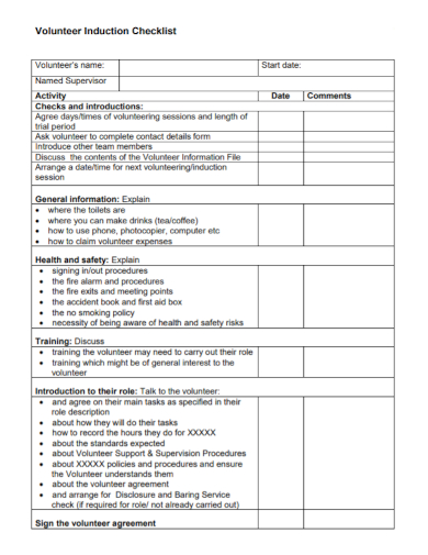 sample volunteer induction checklist