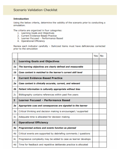 scenario validation checklist
