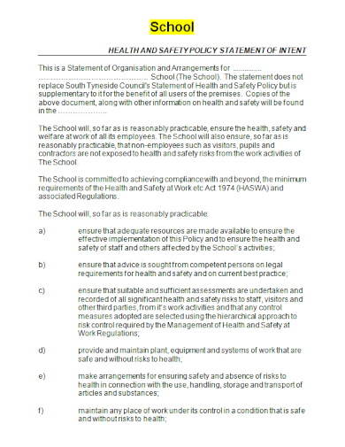 school health and safety policy statement of intent