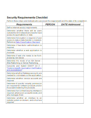 security requirement checklist