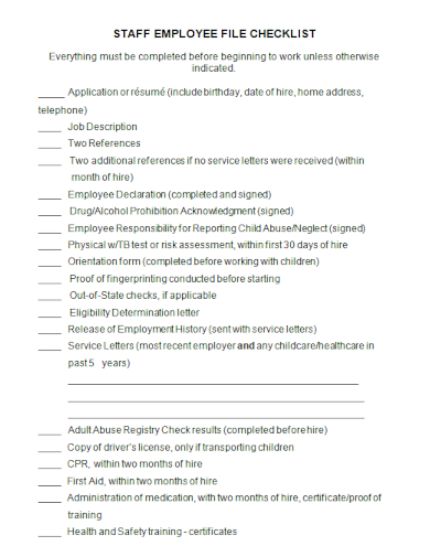 staff employee file checklist