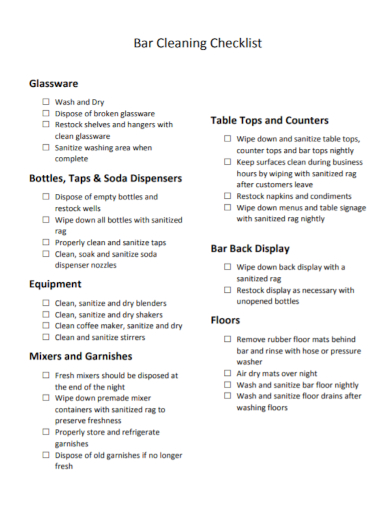 standard bar cleaning checklist