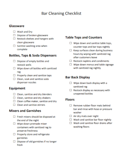 FREE 4 Bar Cleaning Checklist Samples Staff Restaurant Opening 