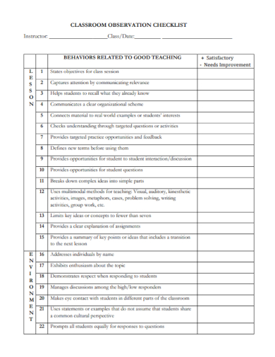 standard classroom observation checklist