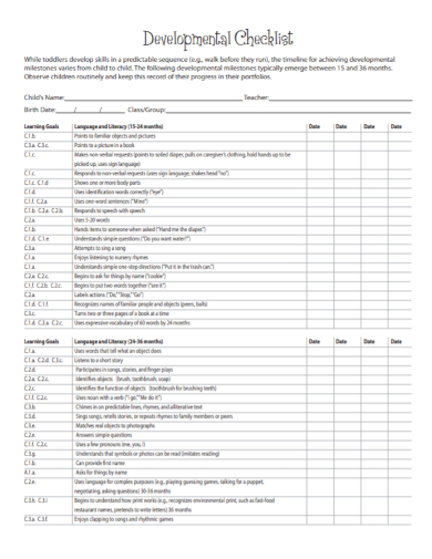 standard developmental checklist