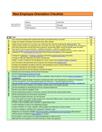 standard new employee orientation checklist