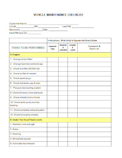 FREE 10 Vehicle Maintenance Checklist Samples Preventive Service 