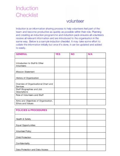 standard volunteer induction checklist