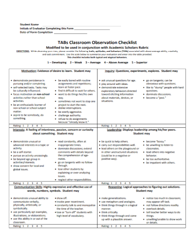 student classroom observation checklist