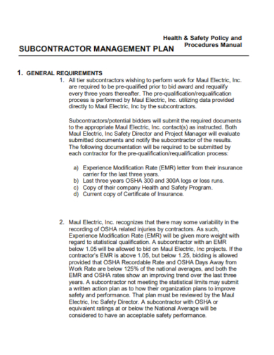 subcontractor health and safety management plan