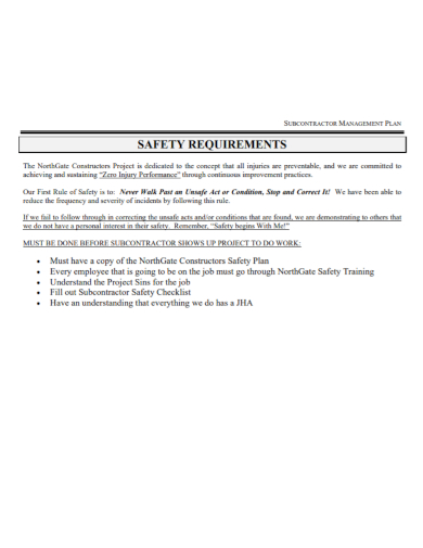 subcontractor safety requirements management plan