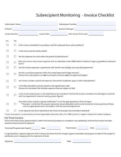 subrecipient monitoring invoice checklist