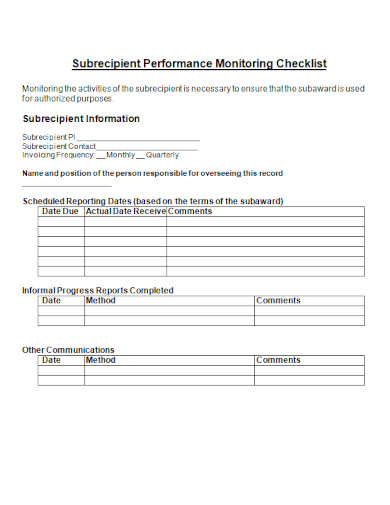 subrecipient performance monitoring checklist
