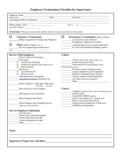 supervisors employee termination checklist
