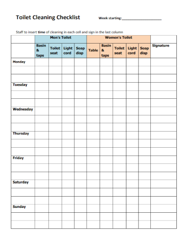 Weekly Toilet Cleaning Checklist