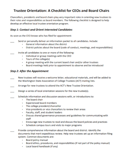trustee board orientation checklist
