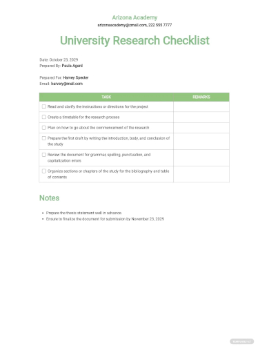 university research checklist template