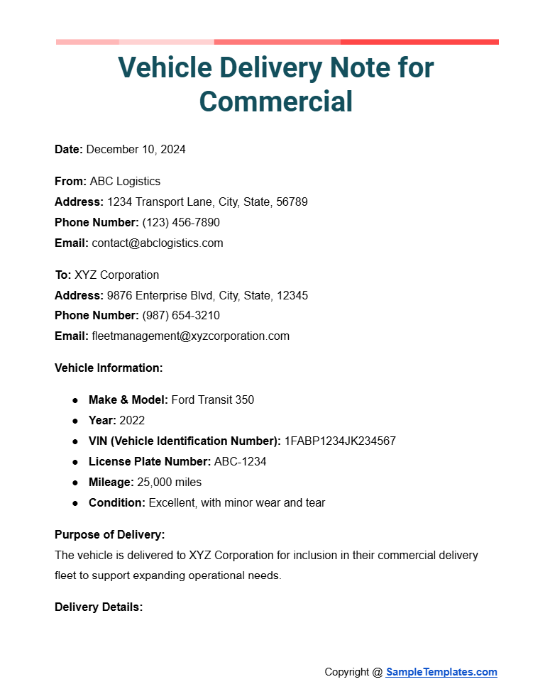 vehicle delivery note for commercial